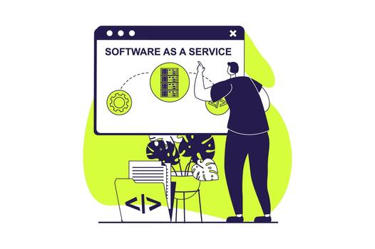 SaaS web concept with flat people for website design. Man using software as a service, doing sync and online backup, managing connection and optimization, computing at server. illustration. vector