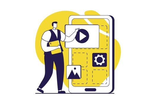 UI and UX designers web concept with flat people for website design. Man creating layout interface and menu for mobile application, building menu structure, doing template. illustration. vector