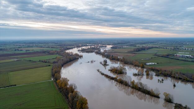 Flooded River Landscape With Overcast Sky. Aerial View Of River Overflowing Into Surrounding Fields photo
