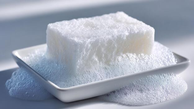 Bar Of Soap With Frothy Bubbles On White Dish. Cleanliness And Hygiene Concept photo