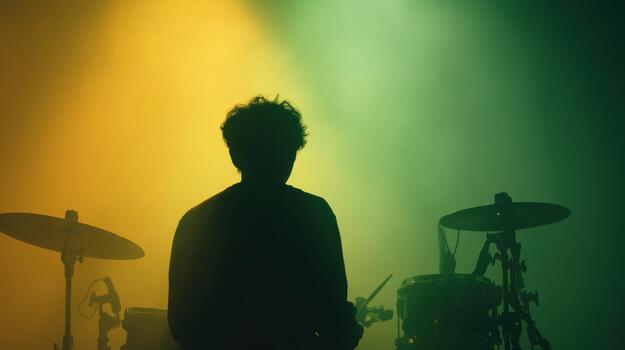 Silhouette Of A Drummer On Stage With Vibrant Yellow And Green Lighting. Capturing The Essence Of Live Music Performance photo