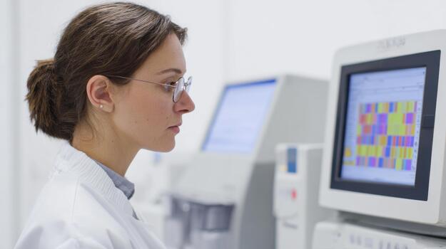 Scientist Analyzing Data On Computer In Laboratory. Researcher Focused On Scientific Analysis photo