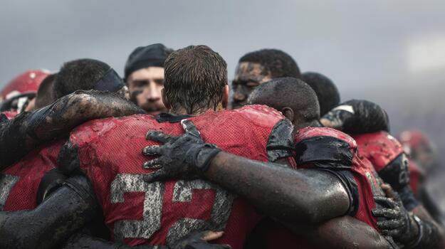 American Football Team Huddle In Muddy Conditions. Unity And Team Spirit In Challenging Game Environment photo