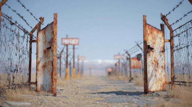 Rusty Barbed Wire Fence With Open Gate In Desert Landscape. Symbol Of Abandonment And Freedom photo
