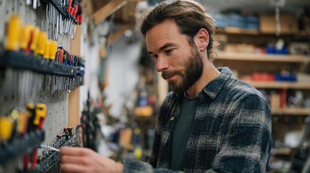 hombre seleccionando herramientas en un taller. enfocado artesano organizando equipo para un proyecto foto