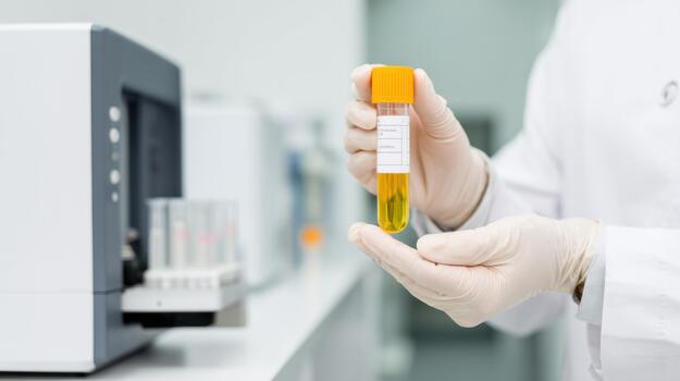Scientist Holding Urine Sample In Laboratory Setting. Medical Testing And Analysis In Clinical Lab photo