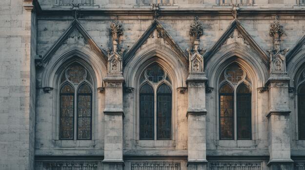 Gothic Architecture With Stained Glass Windows On Historic Building Facade. Architectural Elegance And Historical Significance photo