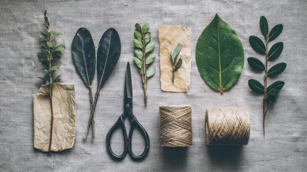 Assorted Leaves And Crafting Tools On Linen Background. Nature-Inspired Diy Crafting Setup photo