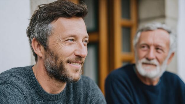 Smiling Middle-Aged Man With Older Man In Background. Generational Connection And Happiness photo