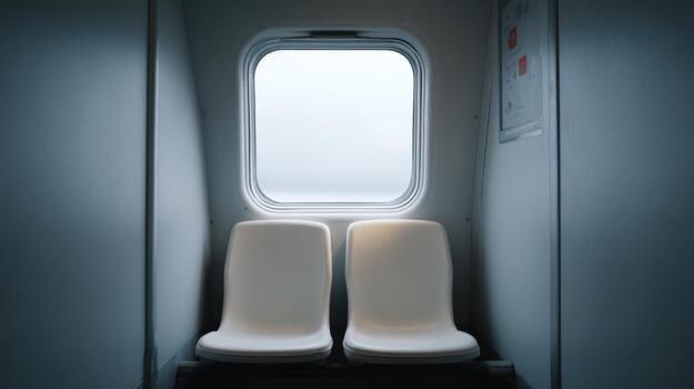 Interior Of Empty Train Compartment With Two Seats And Window. Minimalist Travel Setting In Public Transportation photo