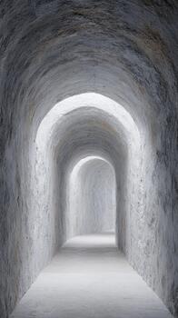 Arched Stone Corridor With Textured Walls And Soft Lighting. Architectural Design And Historical Ambiance photo