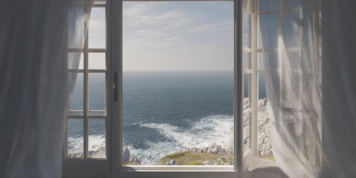 Open Window With Sheer Curtains Overlooking Ocean Waves And Rocky Coastline. Serene Coastal View From A Tranquil Interior Setting photo