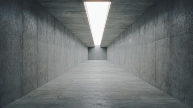 Concrete Hallway With Modern Lighting And Minimalist Design. Architectural Space Emphasizing Simplicity And Industrial Aesthetics photo