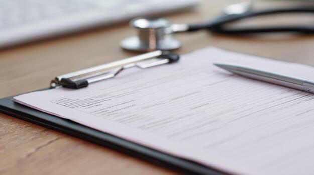 médico formar en portapapeles con bolígrafo y estetoscopio en de madera escritorio. cuidado de la salud documentación y paciente registros foto