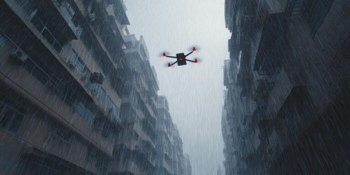 Drone Flying Between Tall Buildings In Heavy Rain. Urban Surveillance And Technology In Challenging Weather Conditions photo