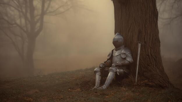 Knight In Full Armor Resting Against A Tree In A Misty Forest. Medieval Warrior Taking A Break In Serene Landscape photo