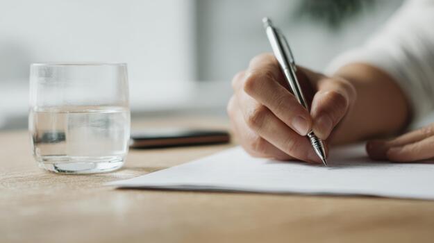Handwriting On Paper With Pen And Glass Of Water On Desk. Focus On Writing And Hydration In A Workspace Setting photo