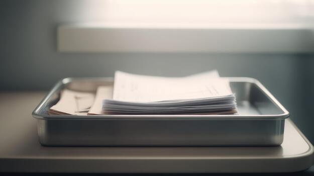 Stack Of Documents In A Metal Tray On A Desk. Office Organization And Paperwork Management photo