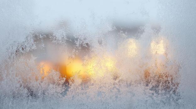Frosted Window With Blurred Warm Lights In The Background. Winter Ambiance And Cozy Atmosphere photo