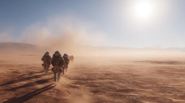 Astronauts Walking On Mars-Like Desert Landscape Under Bright Sun. Exploration And Adventure In Extraterrestrial Environment photo