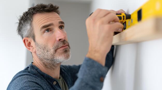 Man Using Level Tool To Install Shelf On Wall. Home Improvement And Diy Project photo