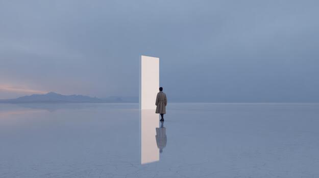 Man In Trench Coat Approaching Mysterious Monolith On Reflective Salt Flat. Surreal Exploration Of Solitude And Mystery photo