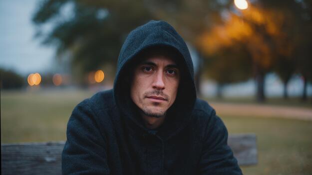 Portrait Of A Man In A Dark Hoodie Sitting On A Bench In A Park. Contemplative Mood In An Outdoor Setting photo