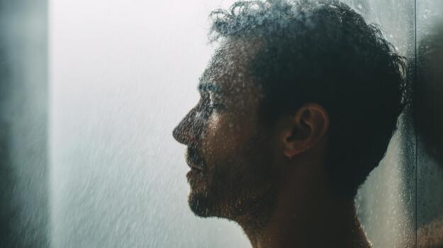 Man Relaxing Under Shower With Water Droplets On Face. Contemplative Moment Of Solitude And Reflection photo