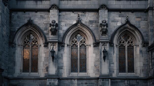 Gothic Architecture With Ornate Arched Windows And Stone Facade. Historic Building Showcasing Medieval Design photo