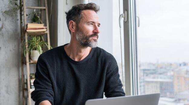 Man With Beard Looking Out Window In Modern Home Office. Reflective Moment In Urban Setting photo