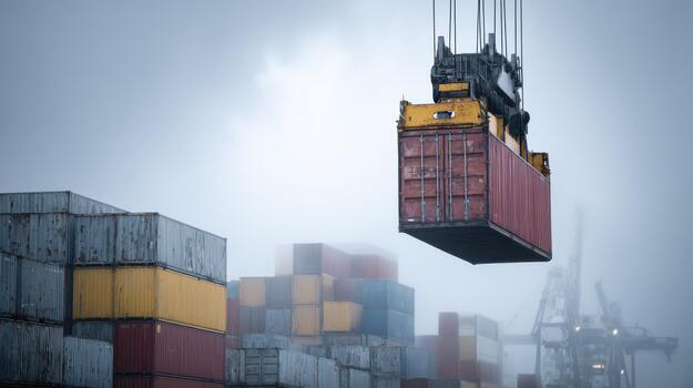Shipping Containers Stacked At A Foggy Port With Crane Lifting One. Global Trade And Logistics photo