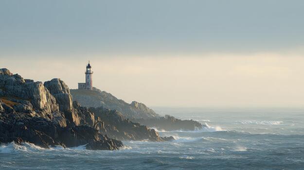 Lighthouse On Rocky Coastline With Waves Crashing. Symbol Of Guidance And Safety photo