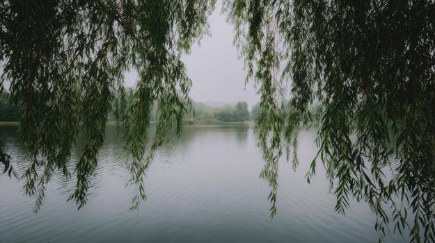 Serene Lake View Framed By Willow Branches On A Misty Day. Tranquil Nature Scene Evokes Peace And Reflection photo