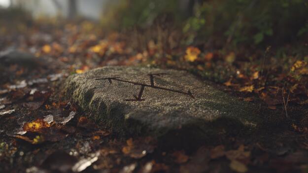 Moss-Covered Stone With Mysterious Symbol In Autumn Forest. Enigmatic Atmosphere In Nature Setting photo