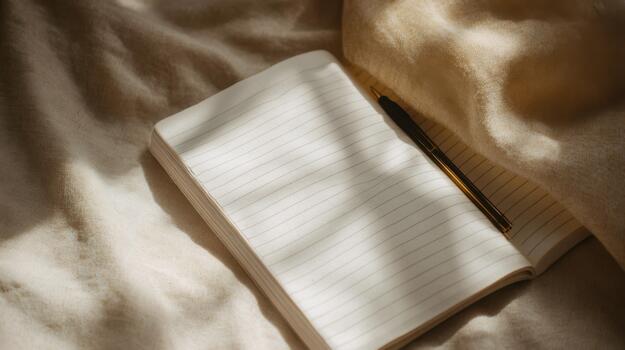Open Notebook With Pen On Soft Fabric In Warm Sunlight. Cozy And Inviting Writing Space photo