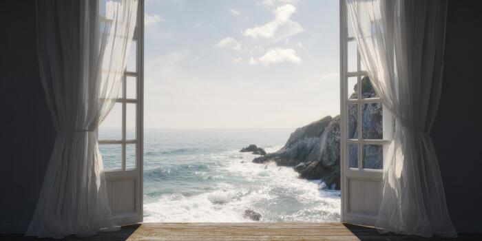 Open Window With Sheer Curtains Revealing A Serene Ocean View. Tranquil Coastal Escape And Relaxation photo