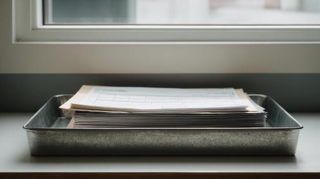 Stack Of Documents In Metal Tray By Window. Office Organization And Paperwork Management photo