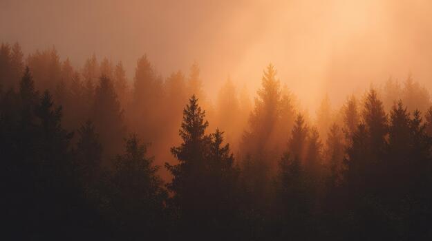 Misty Forest At Sunrise With Sunlight Filtering Through Trees. Tranquil Nature Scene photo
