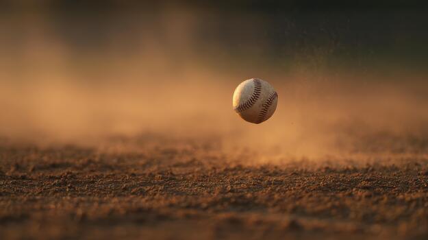 Baseball In Mid-Air On Dusty Field At Sunset. Capturing The Essence Of The Game And Motion photo