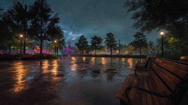 mojado parque ruta con bancos y vistoso luces durante un Tormentoso noche. reflexiones crear un sereno aún dramático atmósfera foto