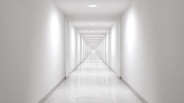 Endless White Corridor With Symmetrical Lighting. Minimalist Design Evokes Infinity And Modern Architecture photo