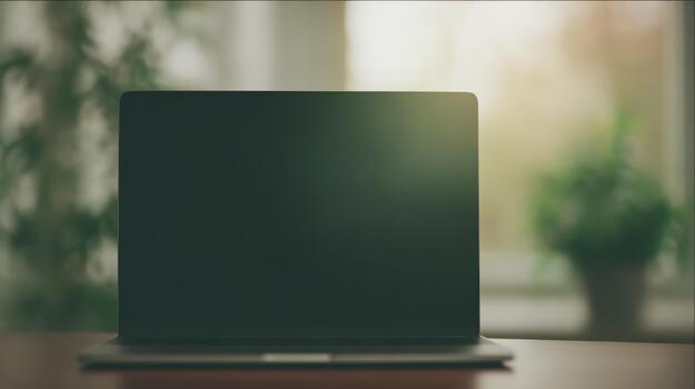 Laptop With Blank Screen On Wooden Desk In Home Office. Remote Work And Digital Workspace Concept photo