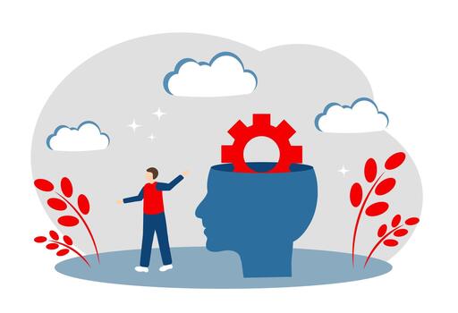 Head and gear. The concept of thinking process, brainstorming, problem-solving, and insight vector