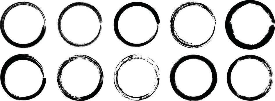 Set of ten distressed oval frames with a grunge texture and brush stroke effect on a white background vector