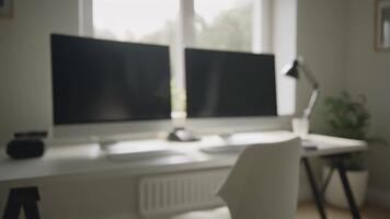 Blurred modern workspace with two computer monitors on white desk video