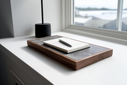 Notebook and pen on windowsill with a view photo