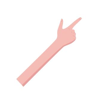 Flat cartoon hand gesture in pointing pose. Human arm with two fingers extended, showing the number two, in a bare skin tone. Professional element for education, math, or preschool materials. vector