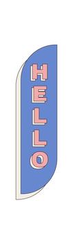 Groovy retro hello pastel sticker badge uses playful typography. This colorful y2k badge creates a fun graphic element in soft blue with pink, ideal for modern projects, cheerful branding, or vector