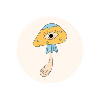 Groovy psychedelic mushroom sticker with eye, retro cartoon shroom symbol in y2k style. Magic circle lid for package, playful sticker with creative symbol, colorful and modern for lid or package vector