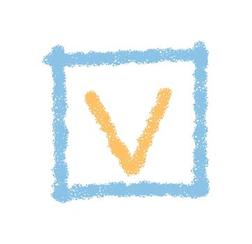 Yellow check box icon in chalk crayon style. Blue box with yellow tick forms a check element and symbol. Checkbox and as a hand drawn icon, unique for modern design, poster, or label uses. vector